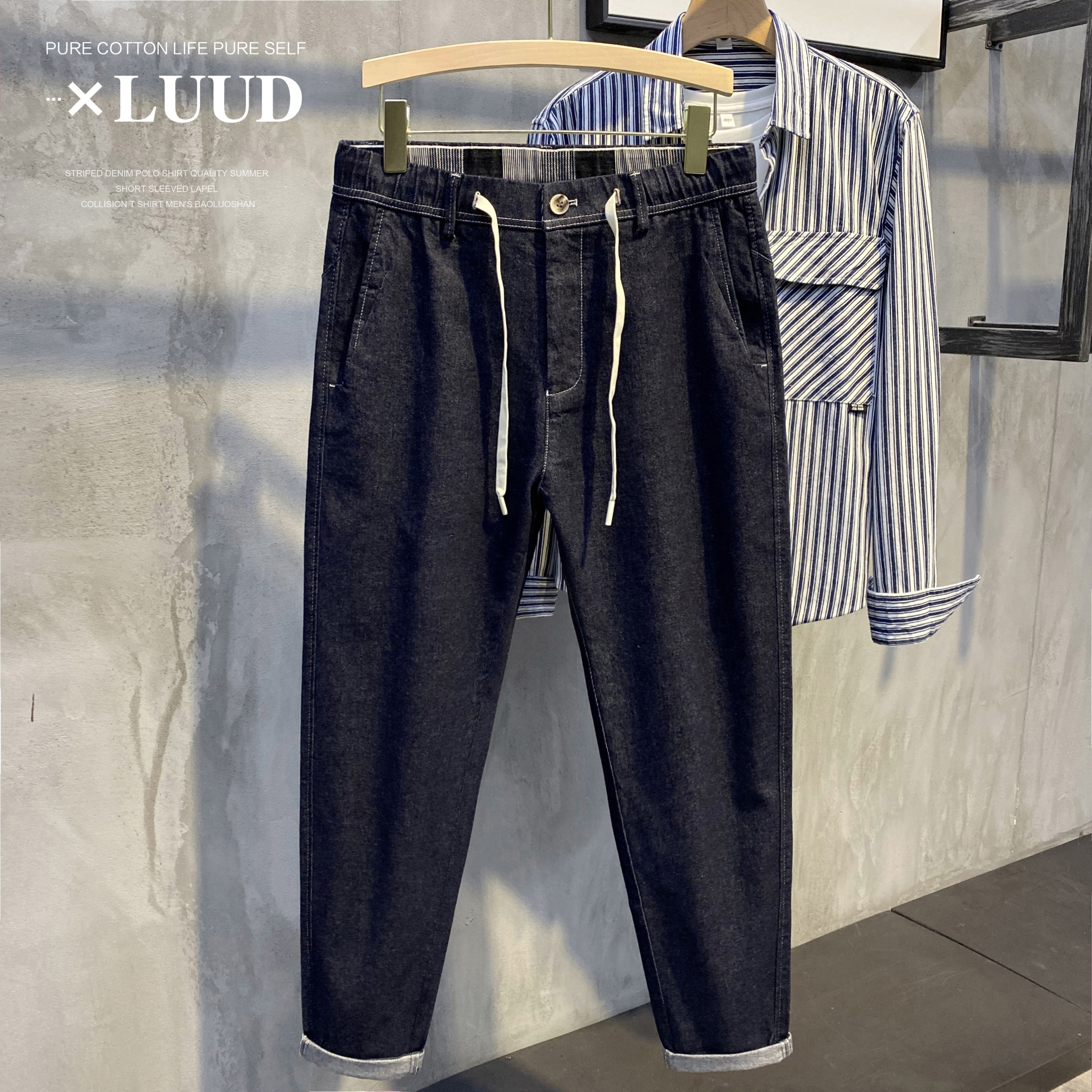 LUUD 秋冬帅气蓝色系带牛仔裤潮牌时尚休闲裤复古工装小脚长裤男