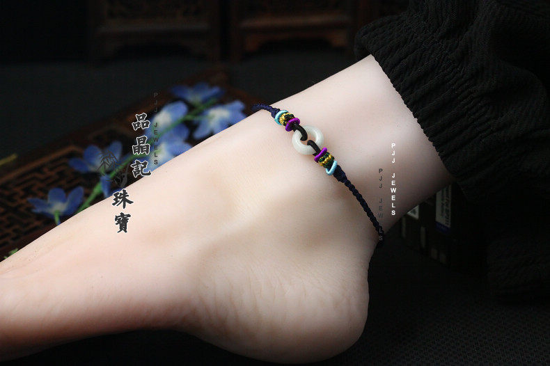 原创设计手工精编股绳脚链翡翠手编调节纤细绳