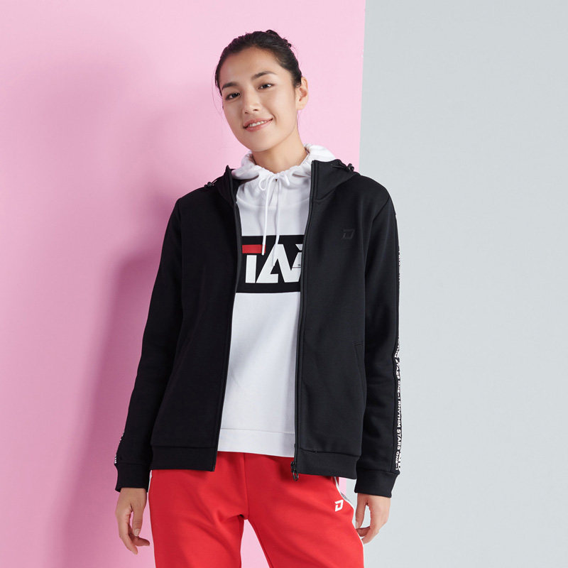 361度女2019冬季新款开襟卫衣361冬厚款连帽休闲运动服女