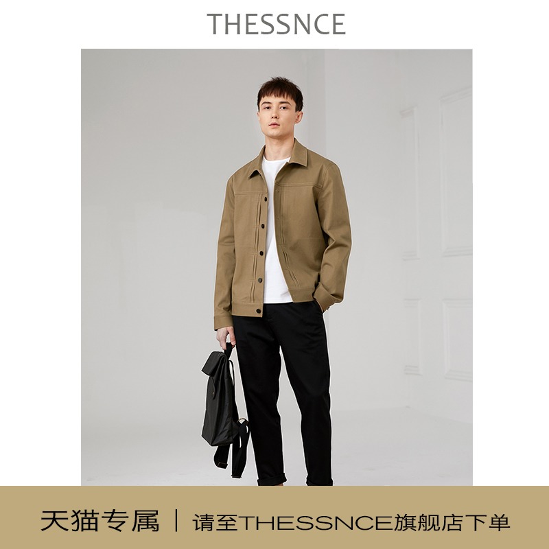 THESSNCE春秋款卡其色简约宽松廓形韩版工装黑色牛仔夹克外套男L