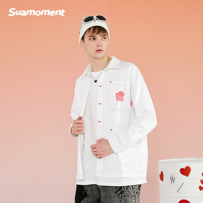 suamoment抓痕撞色压线爱心衬衫长袖休闲衬衣情侣衬衫