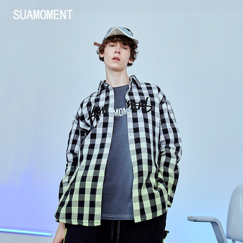 suamoment吊染字母格子长袖衬衫男潮潮流帅气宽松衬衫