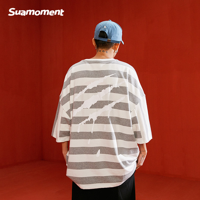 suamoment抓痕字母条纹短袖体恤国潮青少年纯棉圆领t恤