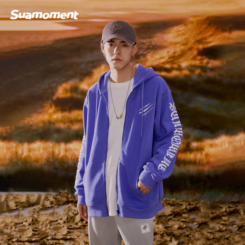 汪浚熙同款suamoment抓痕哥特字母刺绣开衫连帽卫重磅卫衣