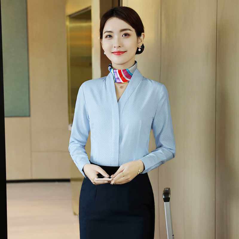 新空乘面试职业装衬衫女工作服v领长袖白衬衣南航空姐制服条纹短