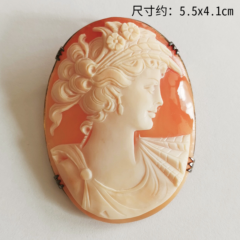 vintage贝雕玛瑙cameo女神卡梅梅奥螺贝蝶贝手工胸针