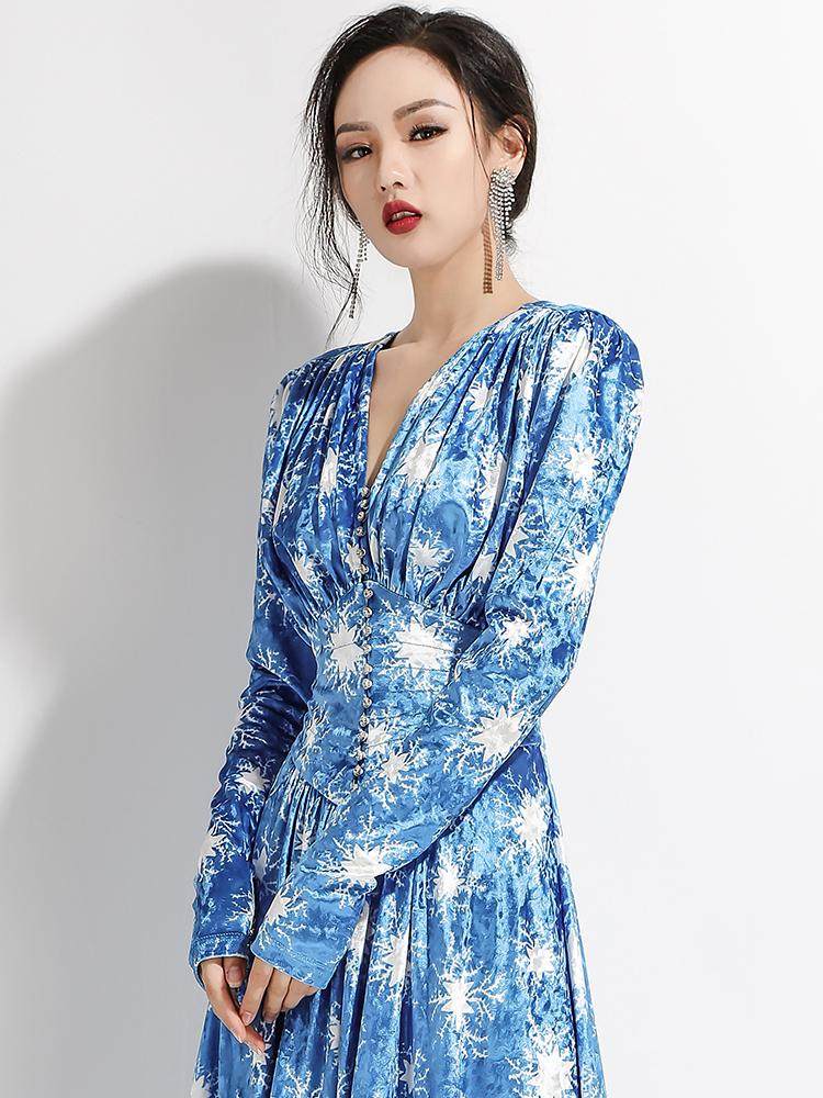 艾菲儿2021秋季新款时尚丝绒长裙气质长袖修身连衣裙