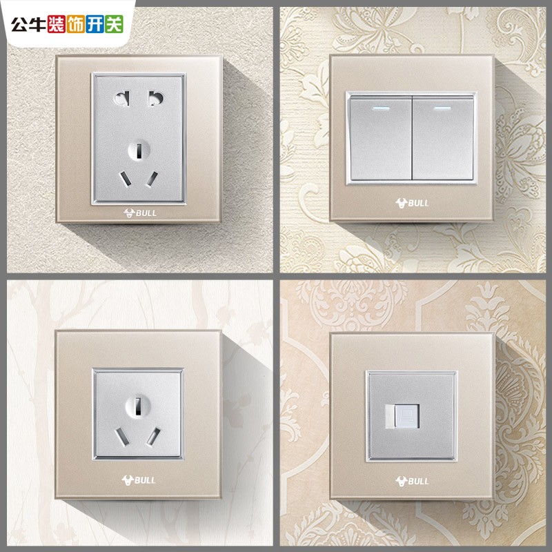 公牛五孔开关玻璃开关插座g22金色面板钢化玻璃家用电源插座