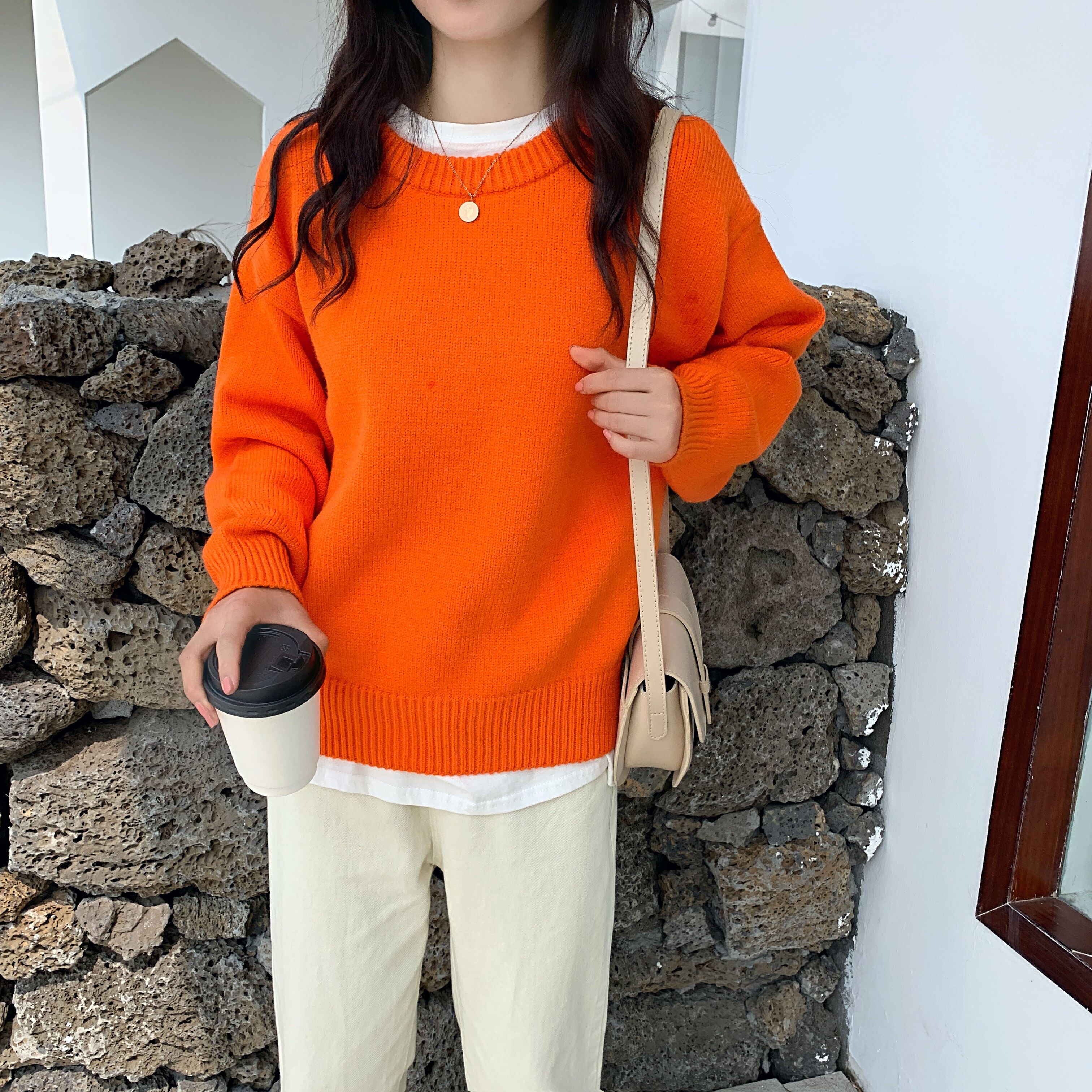 外穿韩版秋冬仙的毛衣宽松加厚慵懒风橘橙色毛衣