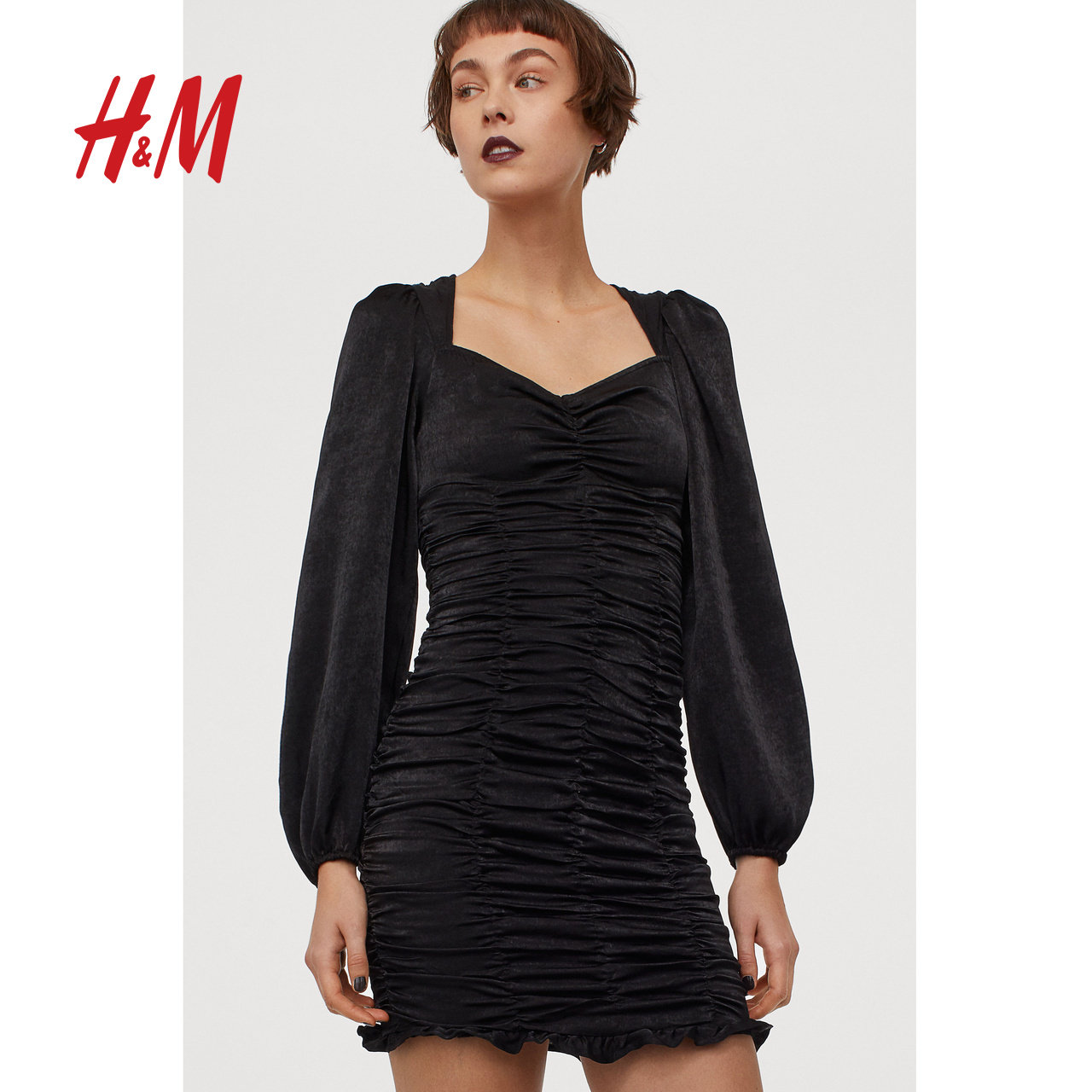 hm女装裙子子女衣服2020秋冬派对亮缎黑色连衣裙