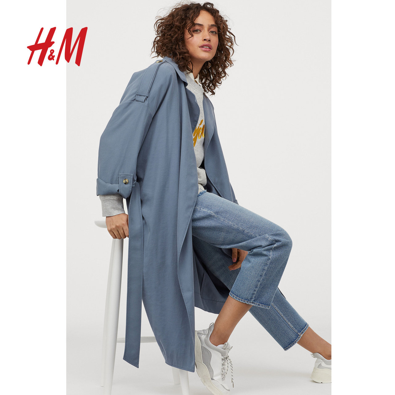 外套hm女装大衣2020春秋新款风衣系带宽松风衣
