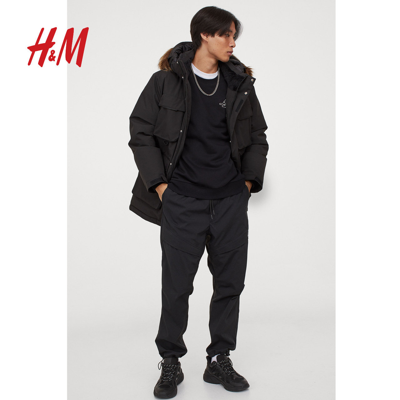 国潮系列hm男装男士羽绒服2020冬装毛领派克羽绒服