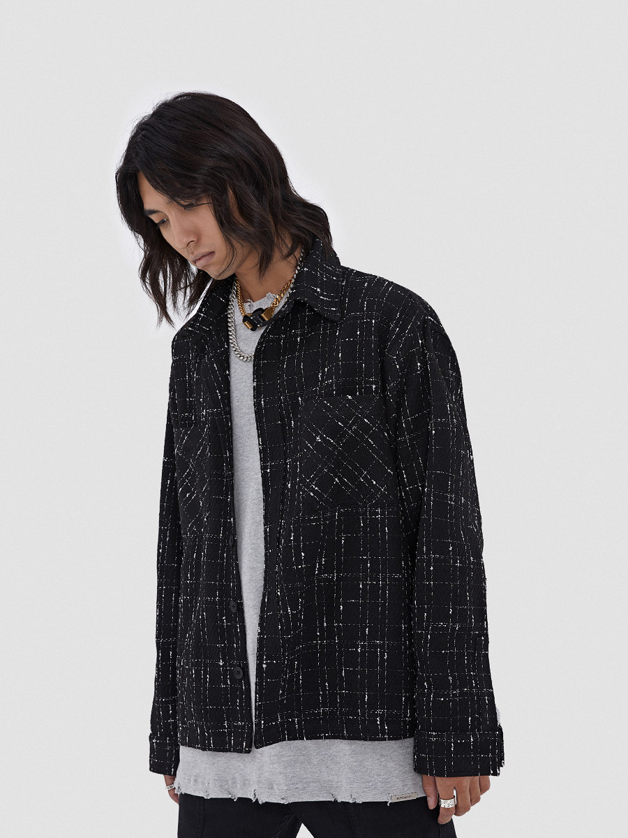 宝爷潮社boneless复古古高街宽松外套街头黑白格纹夹克