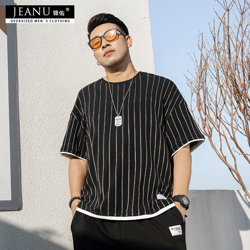 锦佑加肥加大码男装胖子上衣宽松条纹T恤肥佬体恤撞色溜肩假两件