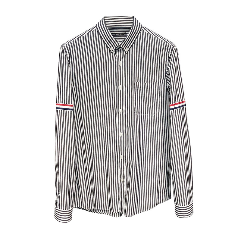 dh男装秋季男士灰白条纹长袖衬衫纯棉tb衬衫