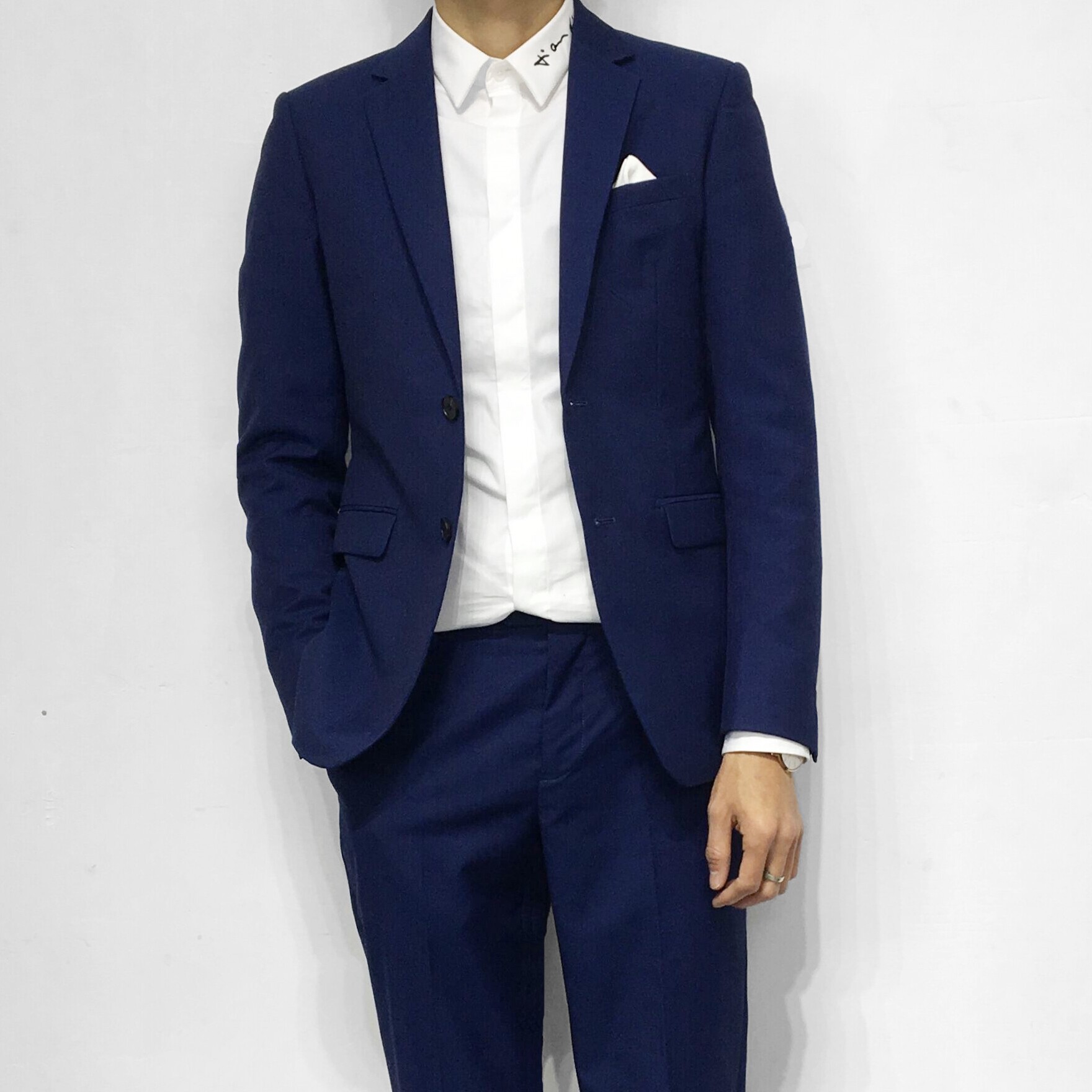 藏蓝西服扣韩版两粒外套男装西装修身混纺羊毛西服