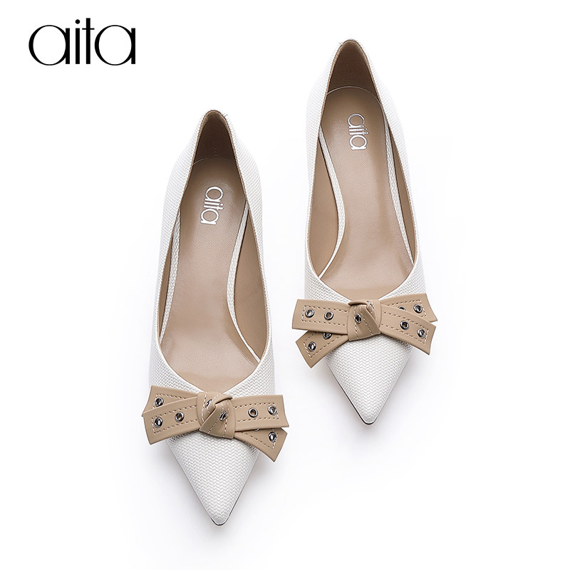aita艾塔高跟鞋2022春季浅口铆钉蝴蝶结尖头法式单鞋