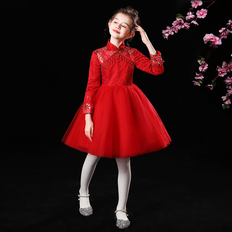 女童国风礼服流苏毛领可拆卸舞台演出服儿童礼服