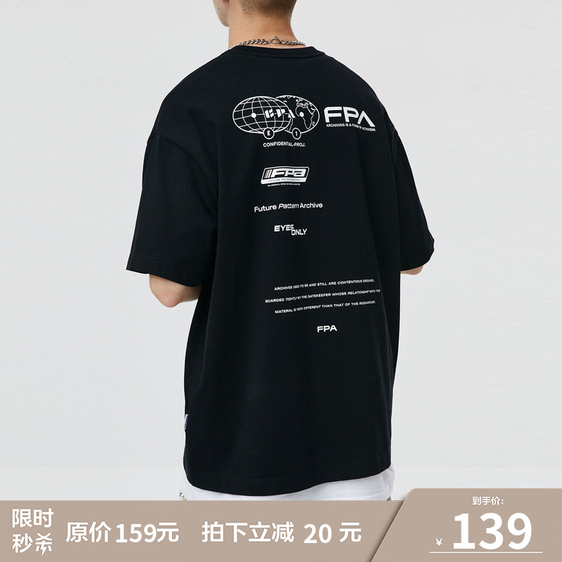 FPA圆领印花短袖 国潮牌夏季宽松纯棉黑色半截袖T恤男中袖体恤衫