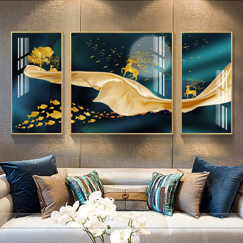 客厅装饰画现代轻奢三联沙发背景墙壁画餐厅墙画高档挂画金鹿携福