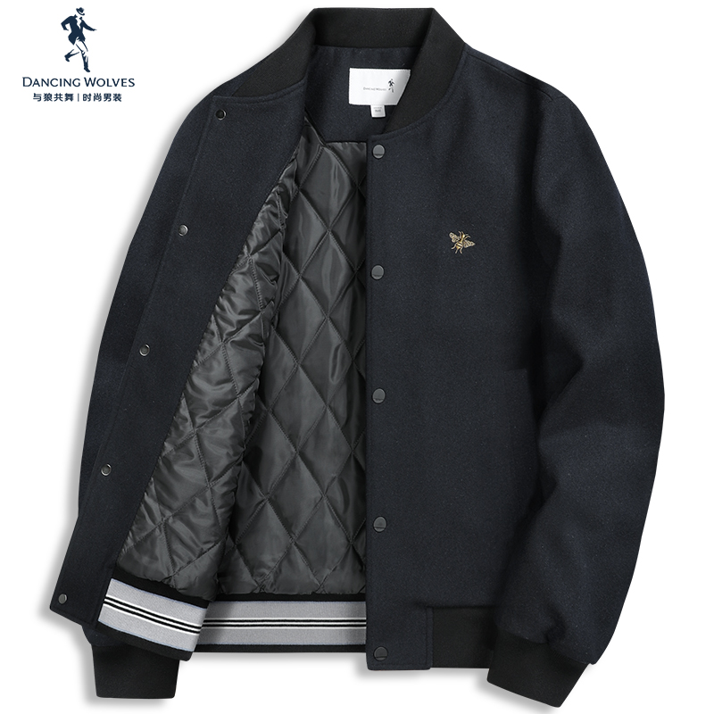 【羊毛呢】与狼共舞棒球领夹克男士2022秋季新款蜜蜂刺绣休闲外套