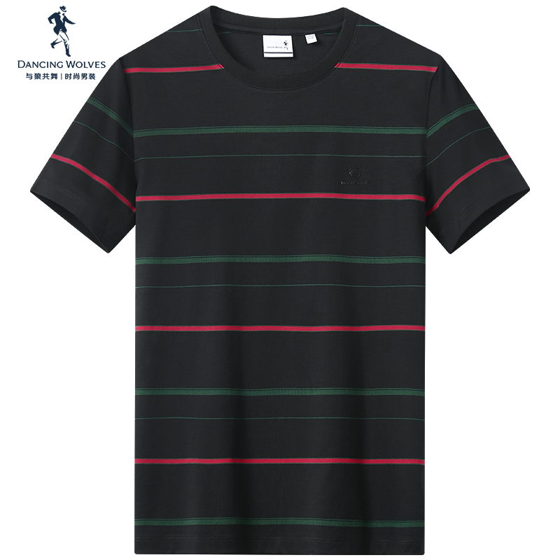 与狼共舞桑蚕丝短袖T恤男2022夏季新款立体胶标条纹圆领短T男装D