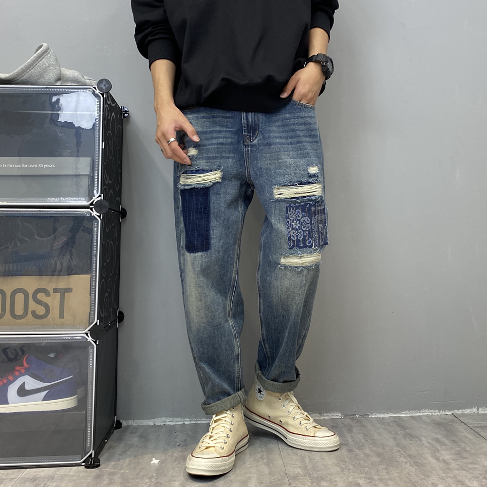 2020秋冬破洞补丁牛仔裤男潮潮牌直筒宽松浅色牛仔裤