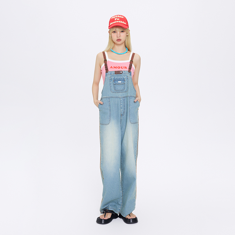 【FPMZ官方店铺】棕色皮扣航线水洗牛仔复古背带裤男女长裤休闲裤