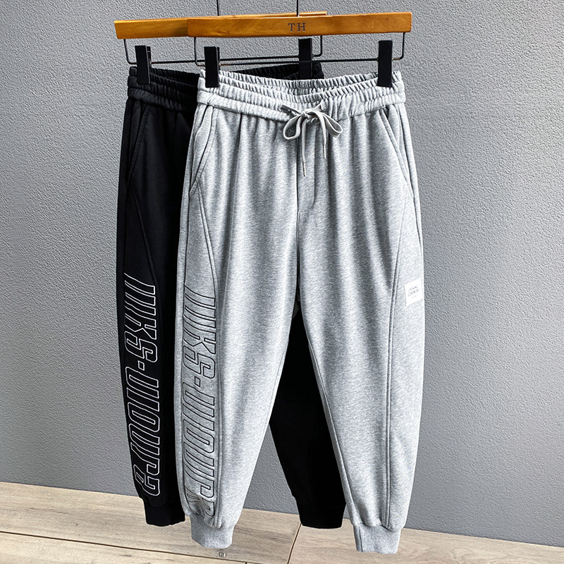 宽松灰色卫裤男士加绒加厚春秋款束脚宽松九分休闲针织运动裤冬季