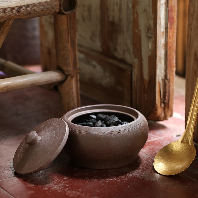 红泥装碳盆木炭橄榄炭钵乌榄核桃碳粗陶炭碳钵茶道