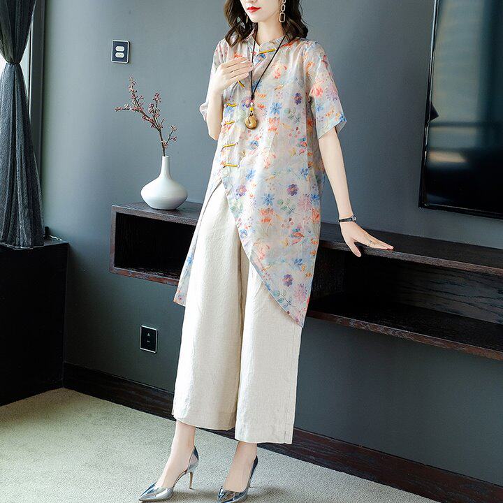 唐装新中式两件棉麻中式夏装女中上衣汉服女新款时尚套装