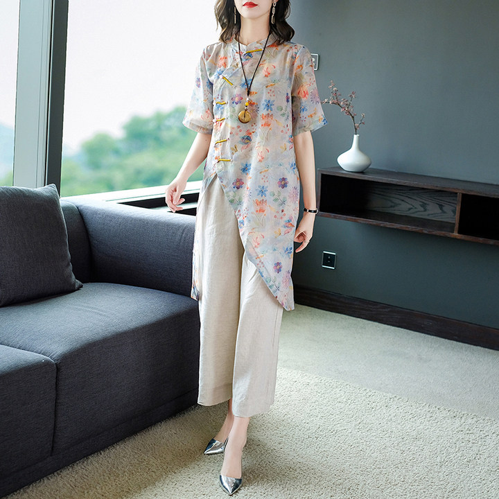 唐装新中式两件棉麻中式夏装女中上衣汉服女新款时尚套装