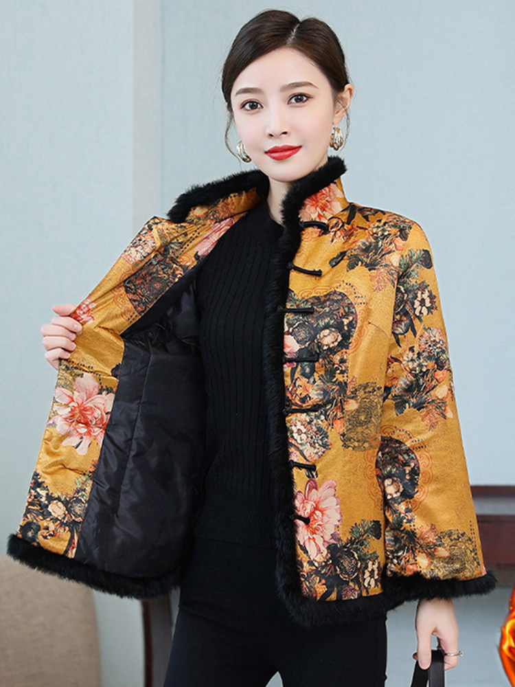 香云棉服中国国风夹棉加厚水貂毛领唐装真丝棉衣