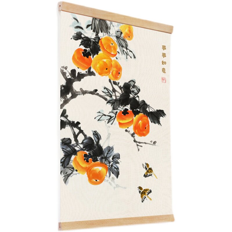 事事实木布艺吉祥墙画玄关入户挂轴画如意中式现代装饰画