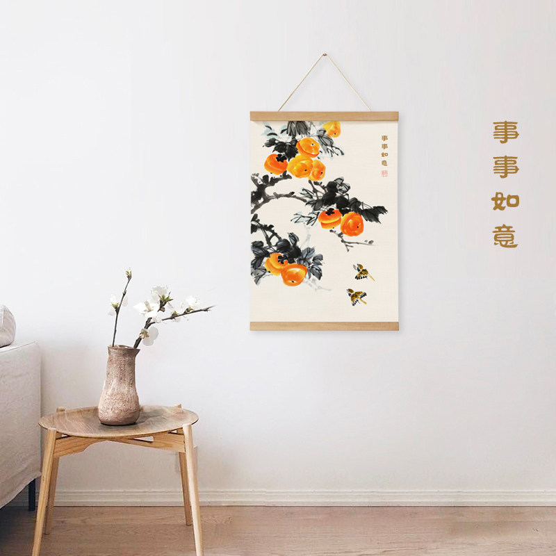 事事实木布艺吉祥墙画玄关入户挂轴画如意中式现代装饰画