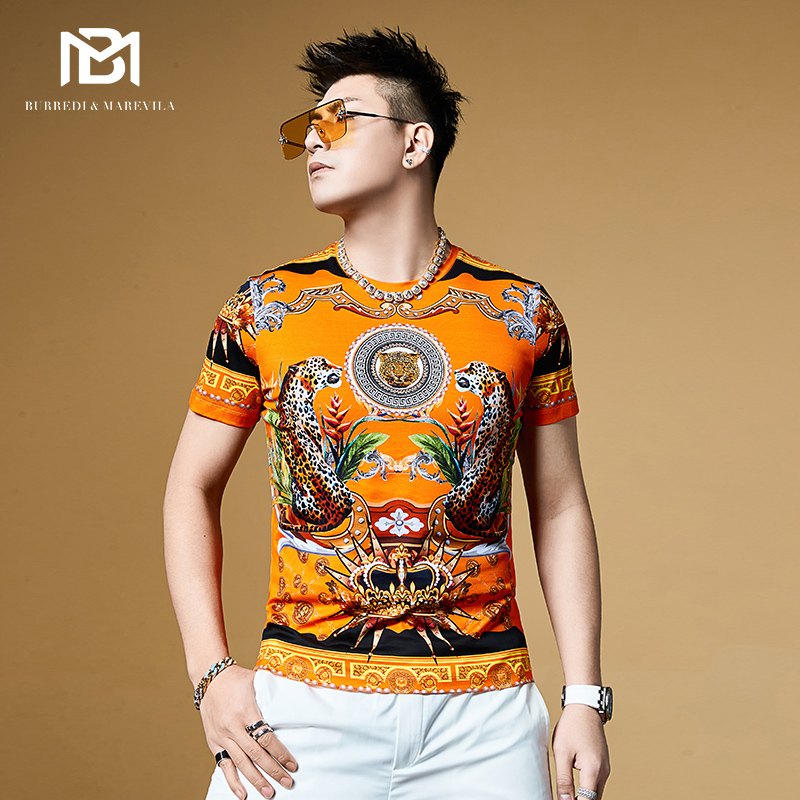BM欧洲站奢侈品男装复古巴洛克t恤男豹子印花丝光棉短袖潮牌潮流