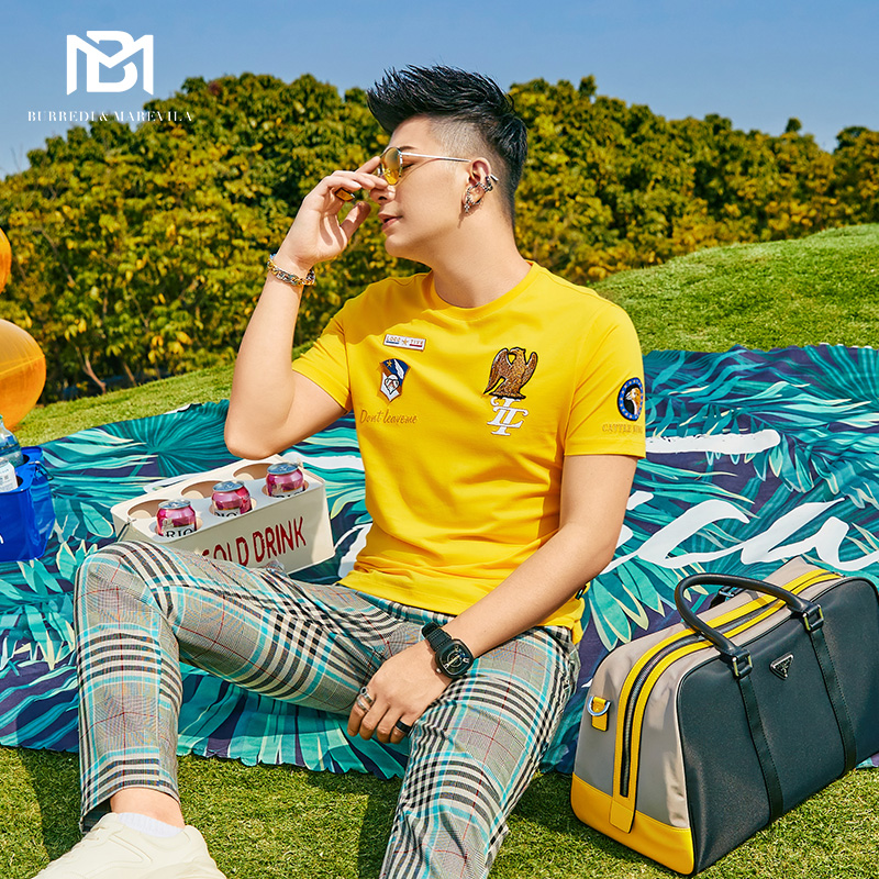 BM空军刺绣美式复古短袖t恤男2021年新款男士半袖潮牌百搭打底衫