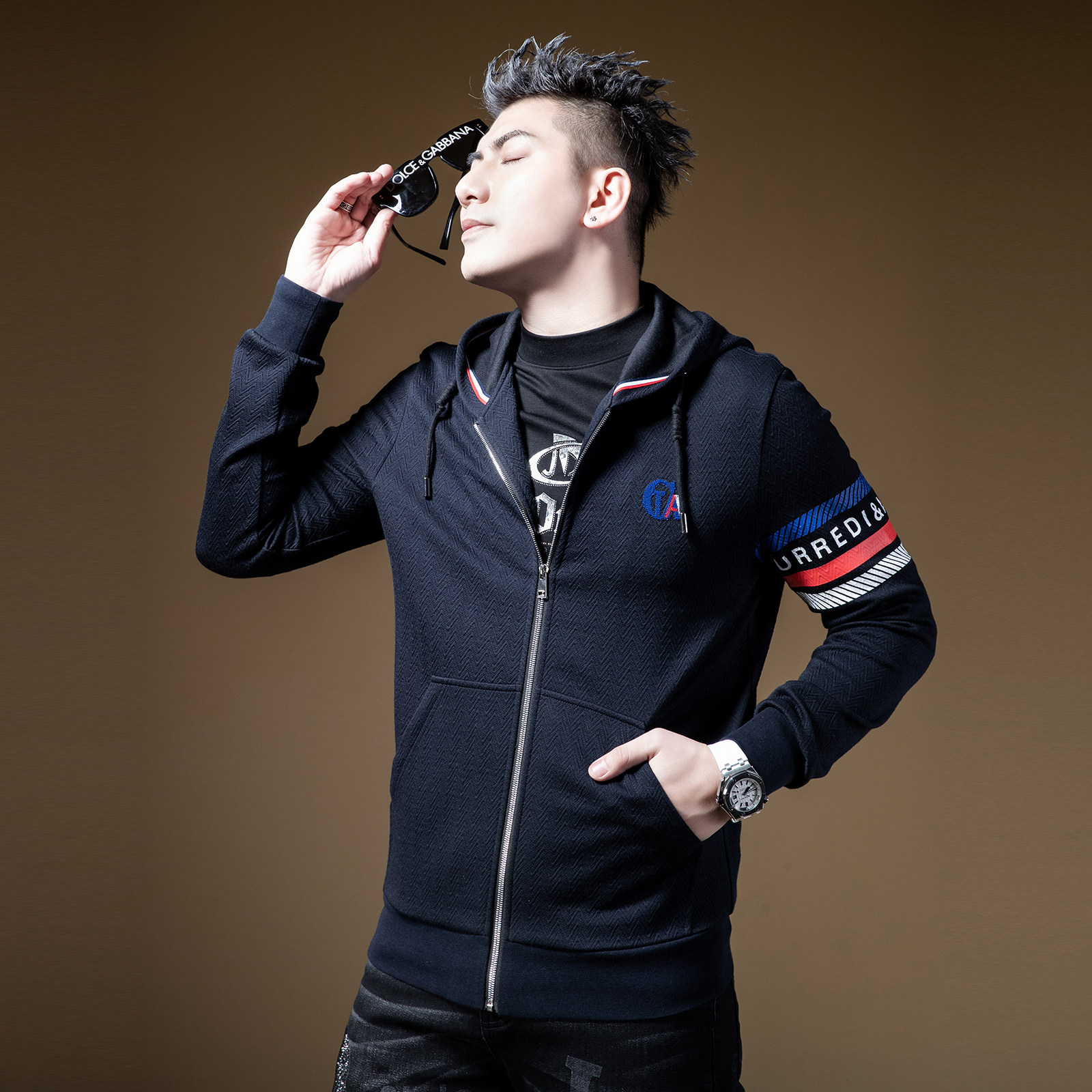 bm撞色条纹运动休闲夹克男外套欧美美高街连帽男装夹克