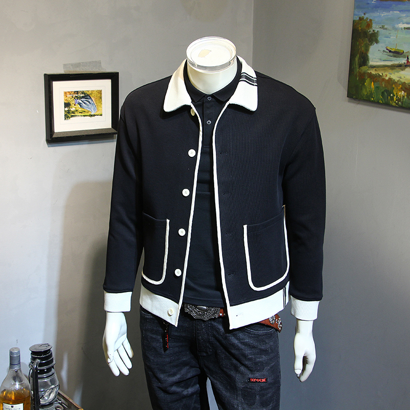 春秋新款休闲翻领夹克男士韩版修身针织开衫外套潮流青年帅气男装