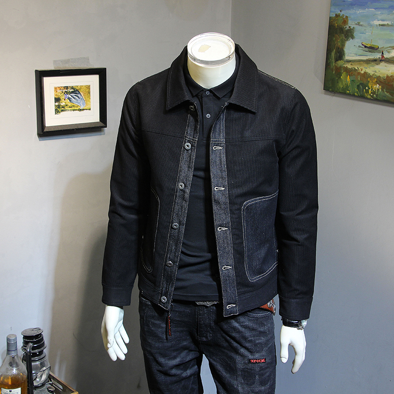 春秋新款夹克男士韩版修身拼接外套百搭青年帅气男装翻领茄克衫潮