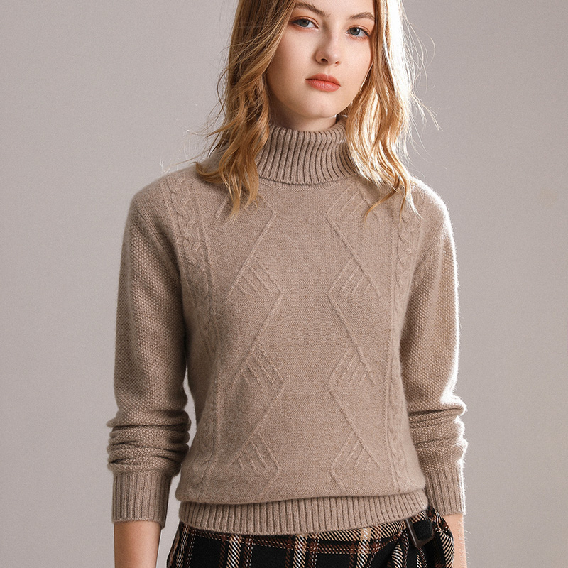 秋冬100%纯山羊绒衫女短款长袖加厚高翻领提花宽松毛衣打底针织衫