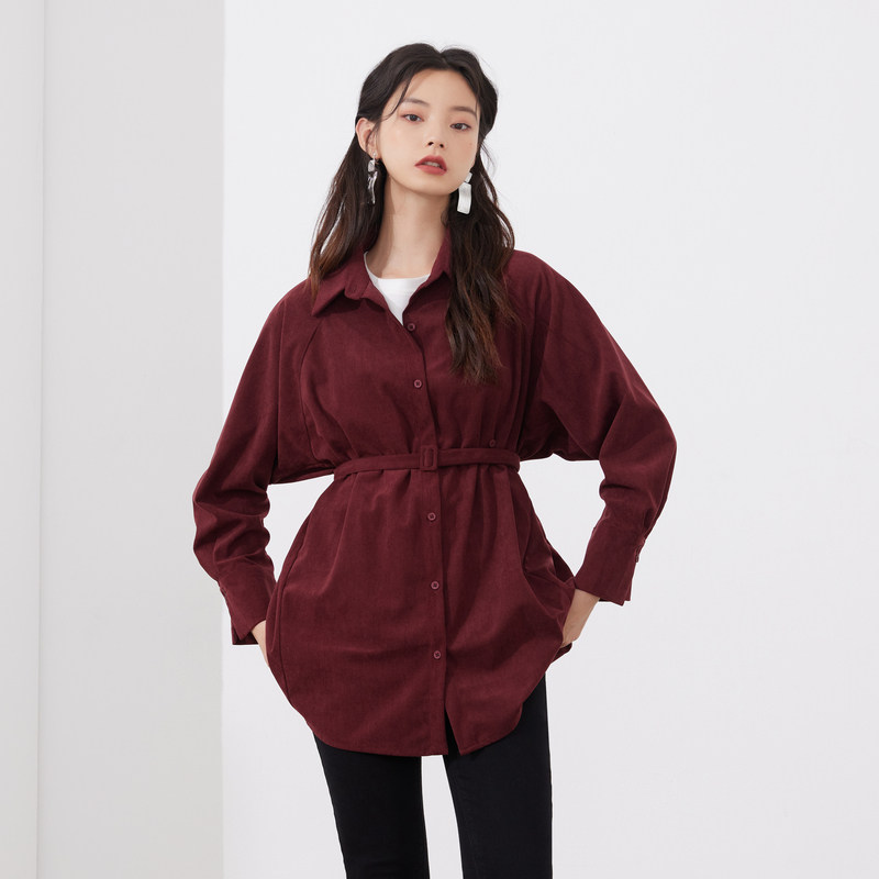 爱客冬季新款方领衬衫女韩版小众长袖上衣收腰衬衫
