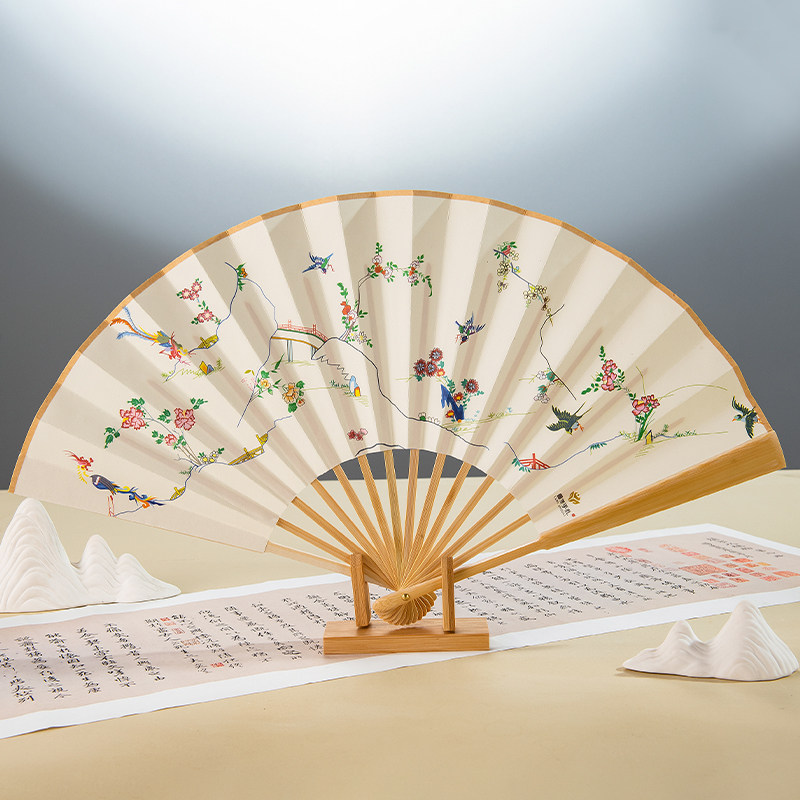 山东博物馆文创孔府花鸟折扇扇子9寸宣纸宫廷扇子