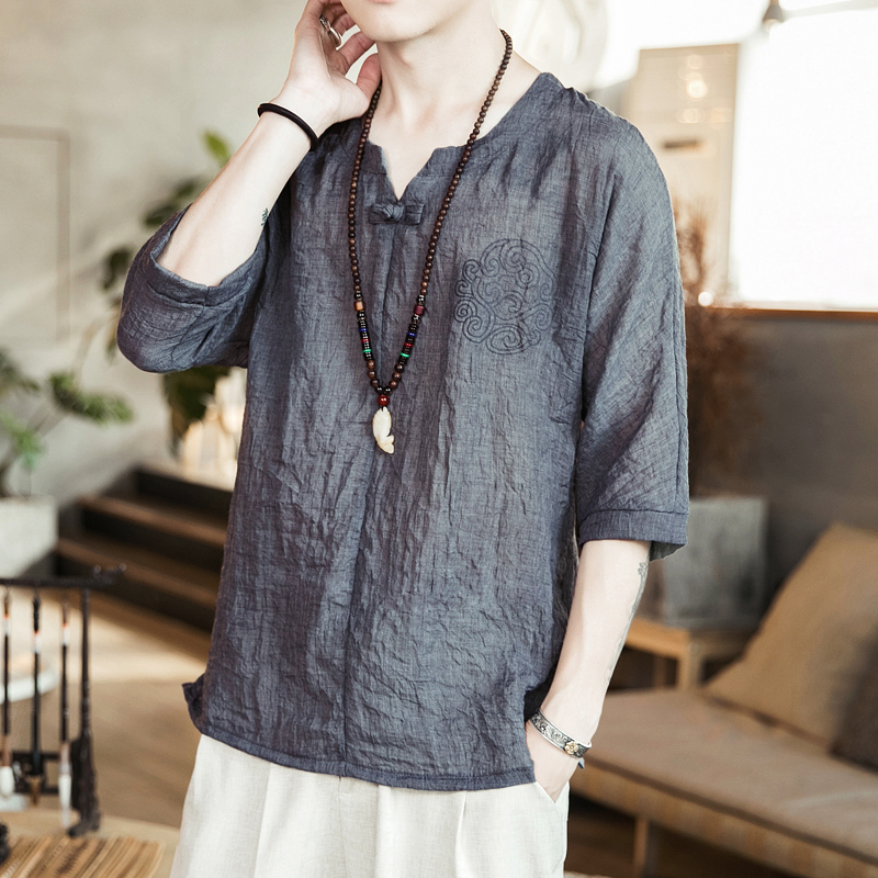 夏季薄款亚麻t恤男七分短袖中国风宽松v领上衣休闲大码男装半袖潮