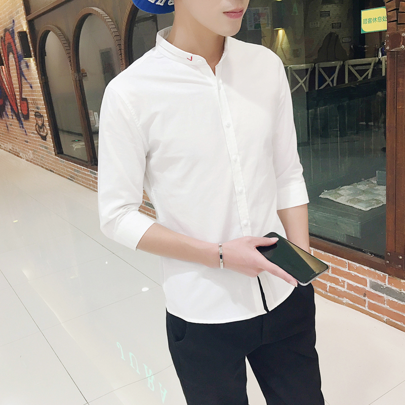 七分袖衬衫男夏季韩版潮流立领帅气亚麻短袖衬衣中袖棉麻寸衫男士