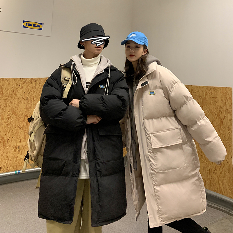 冬季中长款羽绒棉服男潮牌ins大口袋韩版潮流情侣假两件连帽棉衣