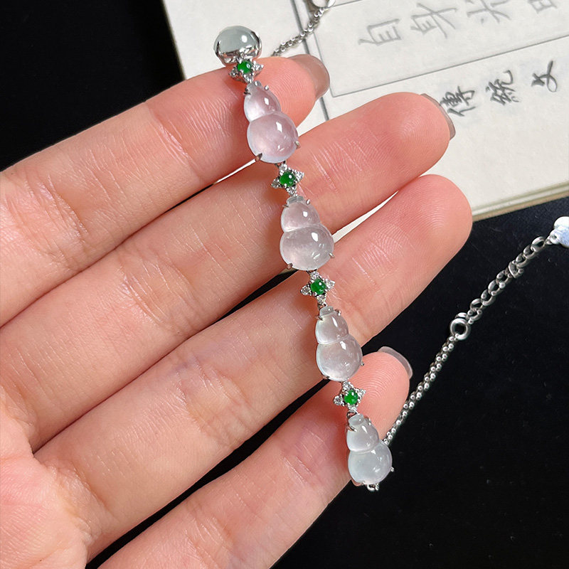 木觉天然翡翠手链女冰种白色葫芦蛋面18k金镶嵌镶嵌手链