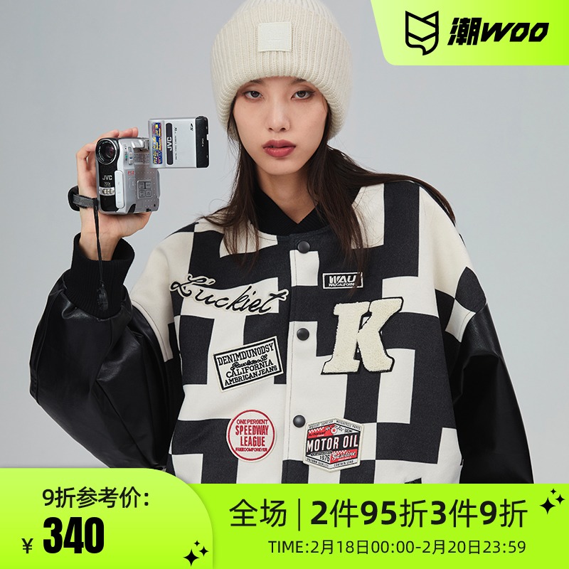 LUCKIET 夹棉冬款原创潮牌棋盘格棒球服夹克2021春秋新款情侣外套