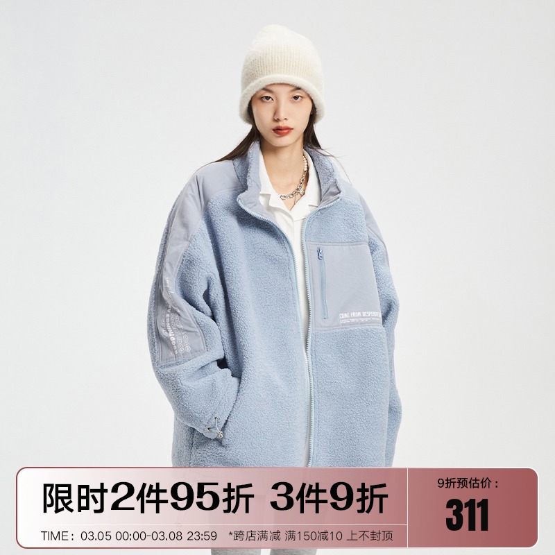 LUCKIET雾霾蓝黑色羊羔毛外套男女情侣款冬季新款宽松厚款夹克潮