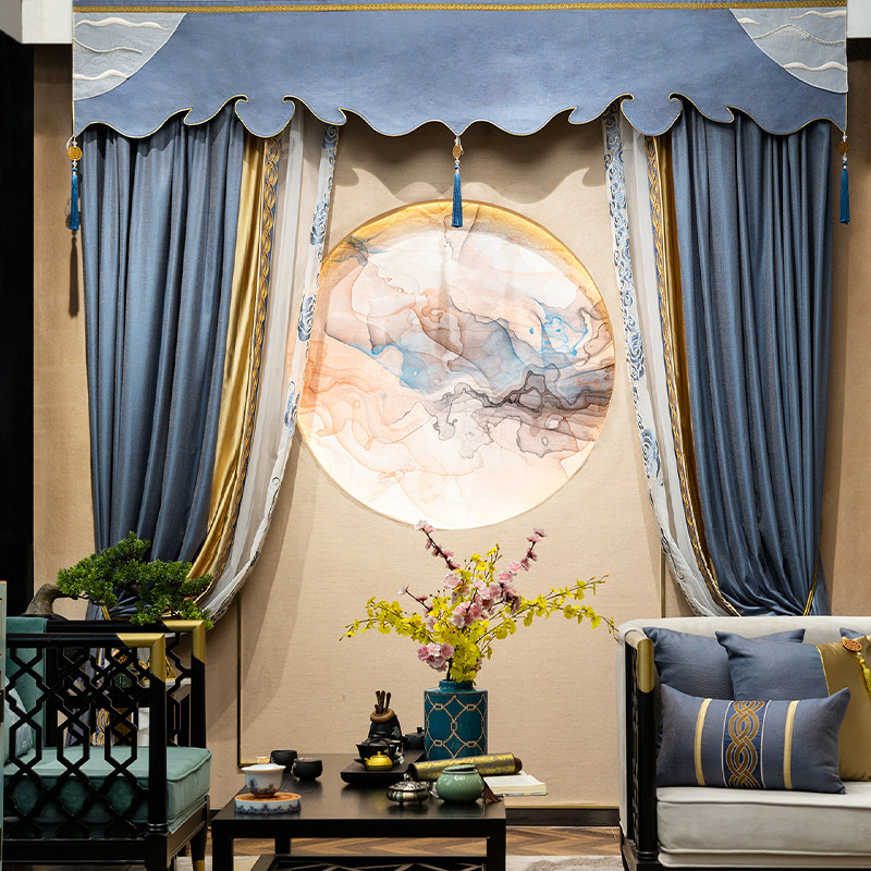 新中式g912绣花帘头定制隔热卧室客厅别墅窗帘定制窗帘